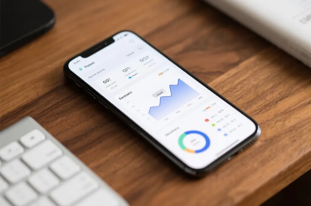 Sleek smartphone displaying a neutral data dashboard with clean charts and notifications on a wooden desk